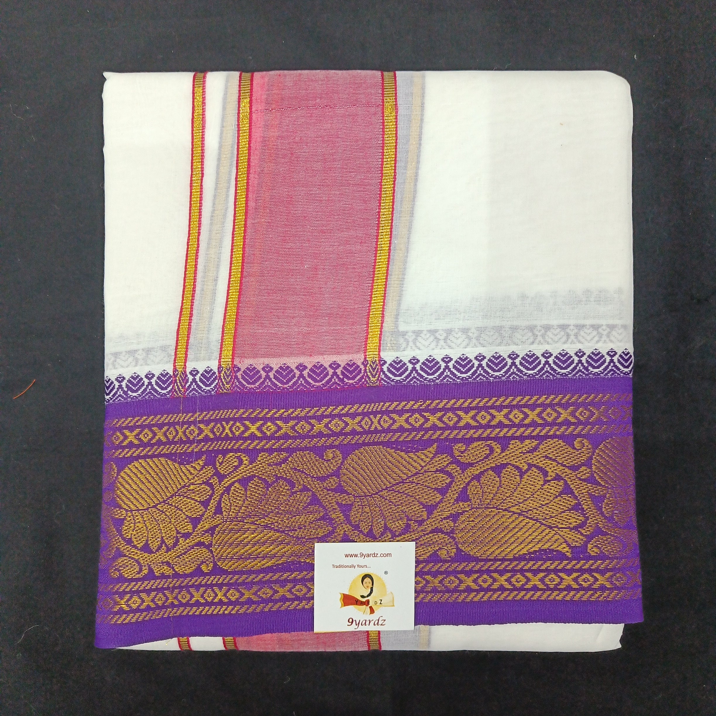 Bleached cotton Dhothi 9 muzam with 5" inch zari border