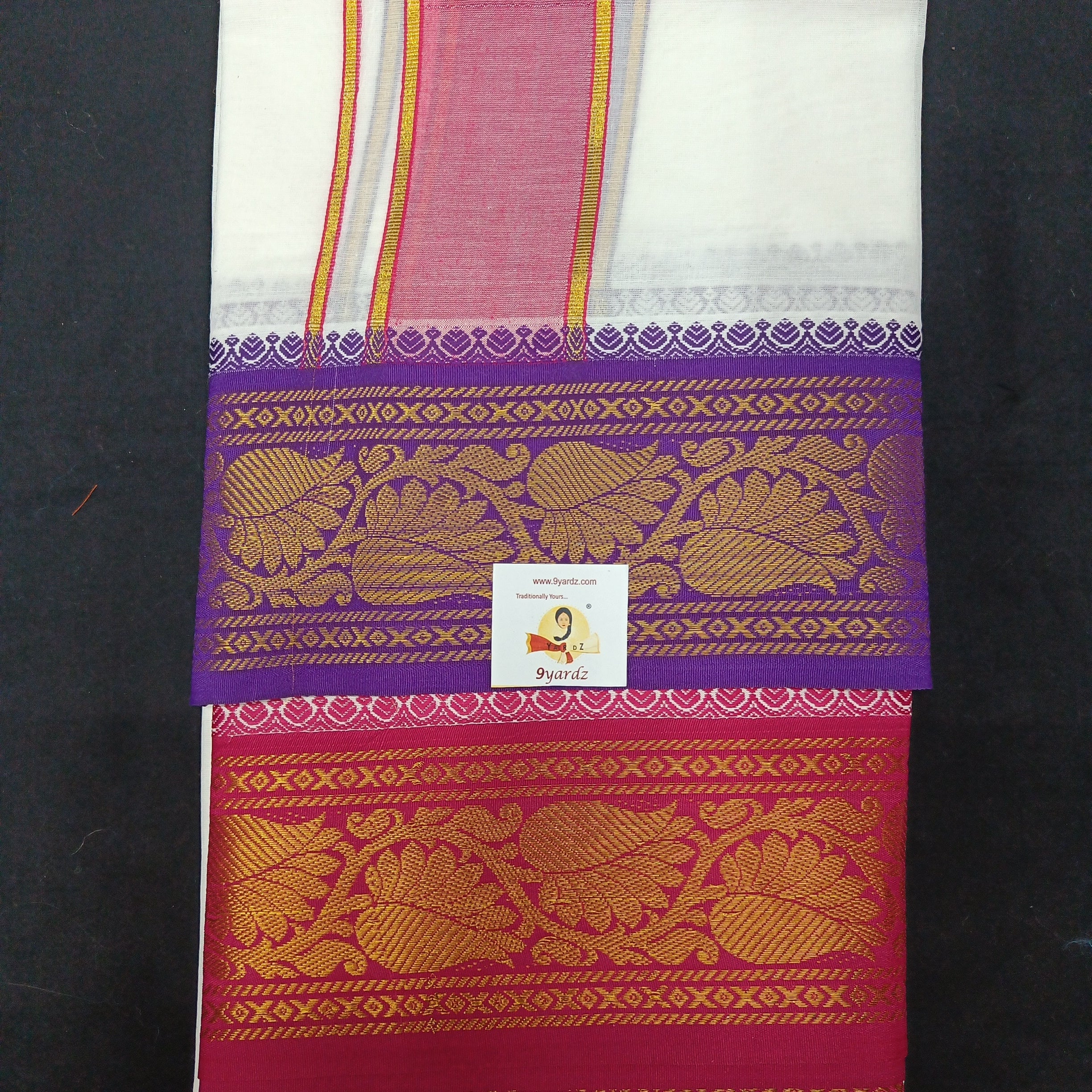 Bleached cotton Dhothi 9 muzam with 5" inch zari border