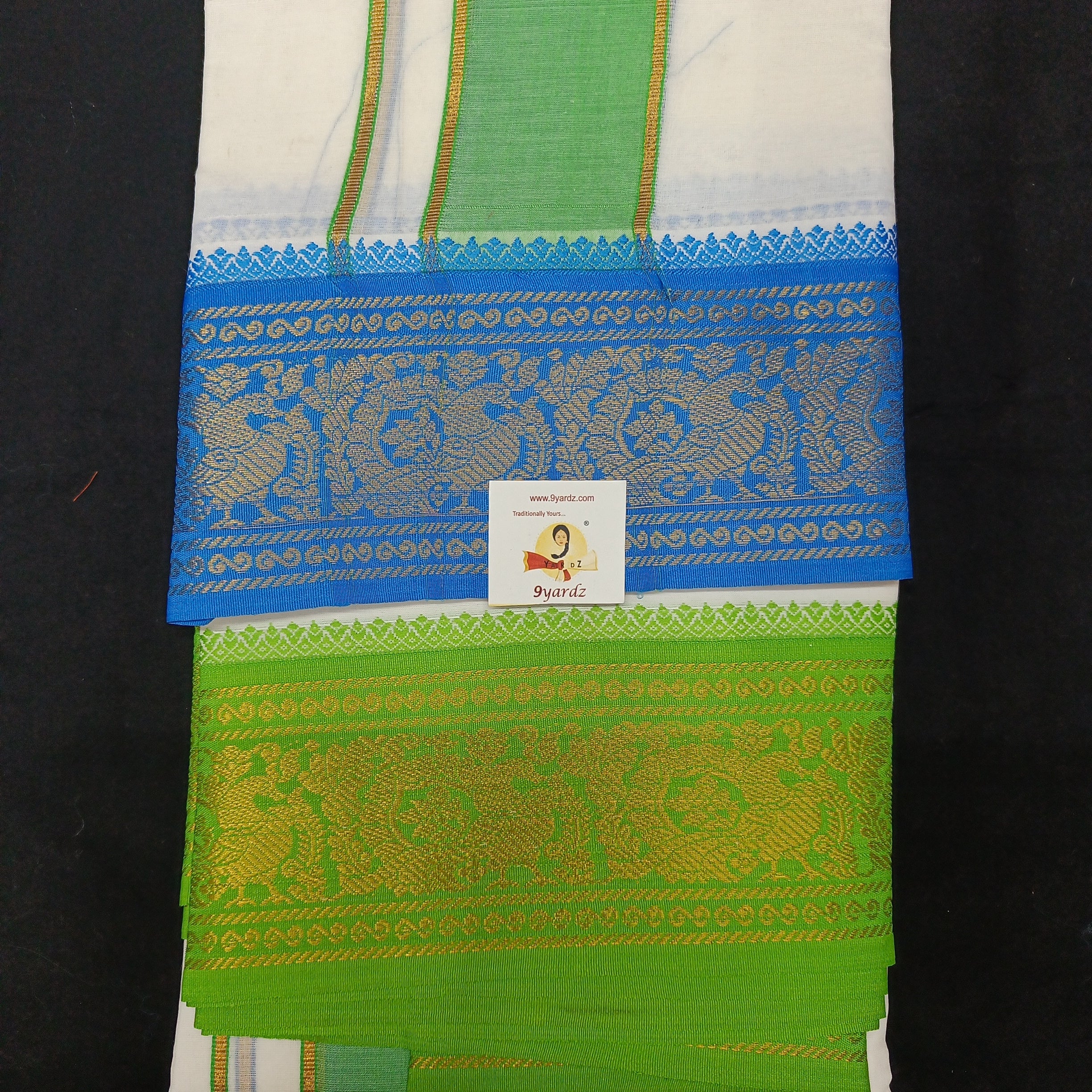 Bleached cotton Dhothi 9 muzam with 5" inch zari border