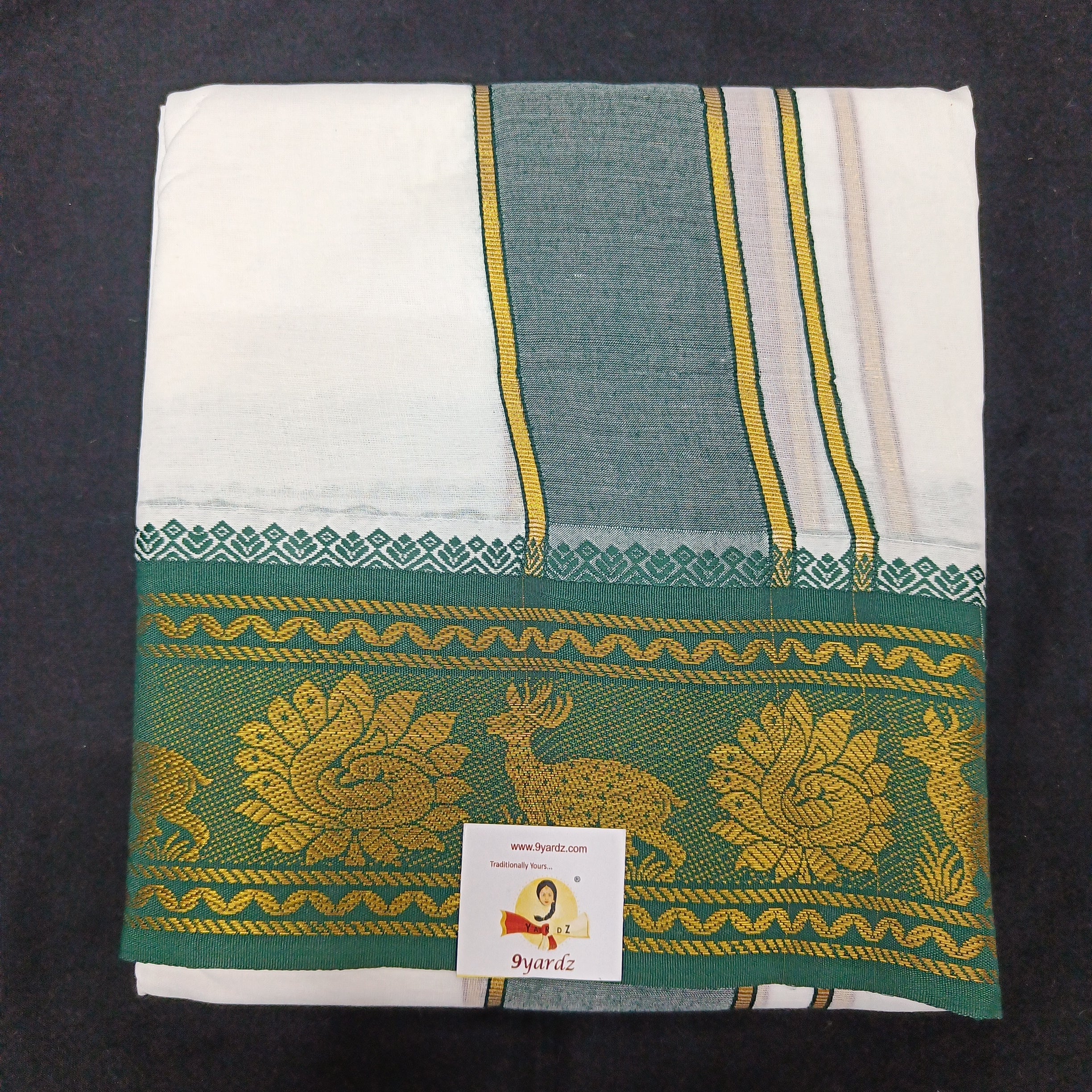 Bleached cotton Dhothi 9 muzam with 5" inch zari border