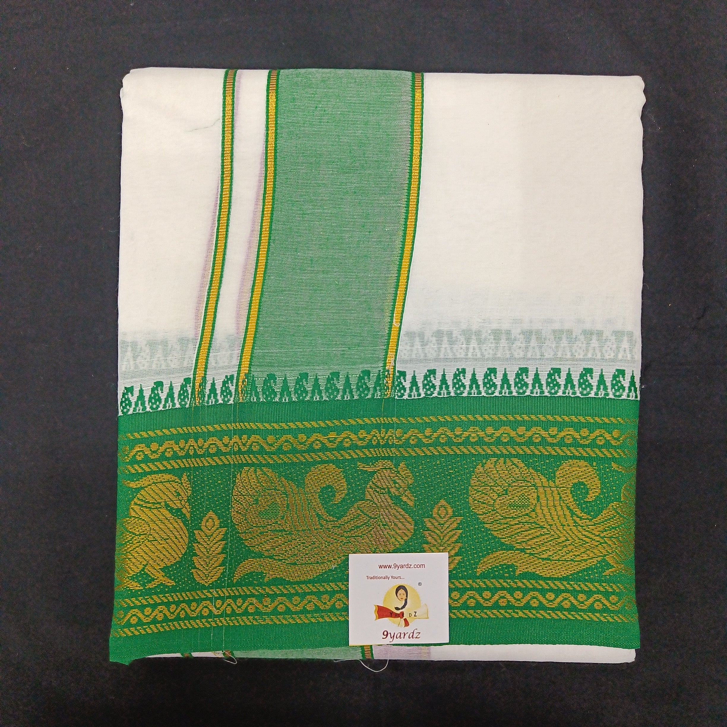Bleached cotton Dhothi 9 muzam with 5" inch zari border