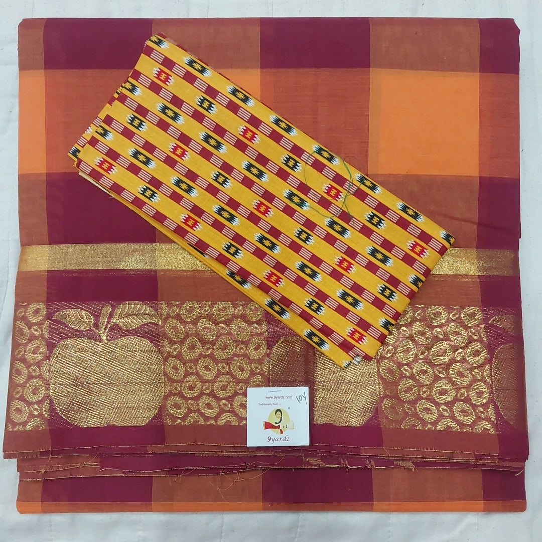 Arupukottai cotton checked 10yards madisar with matching blouse bit