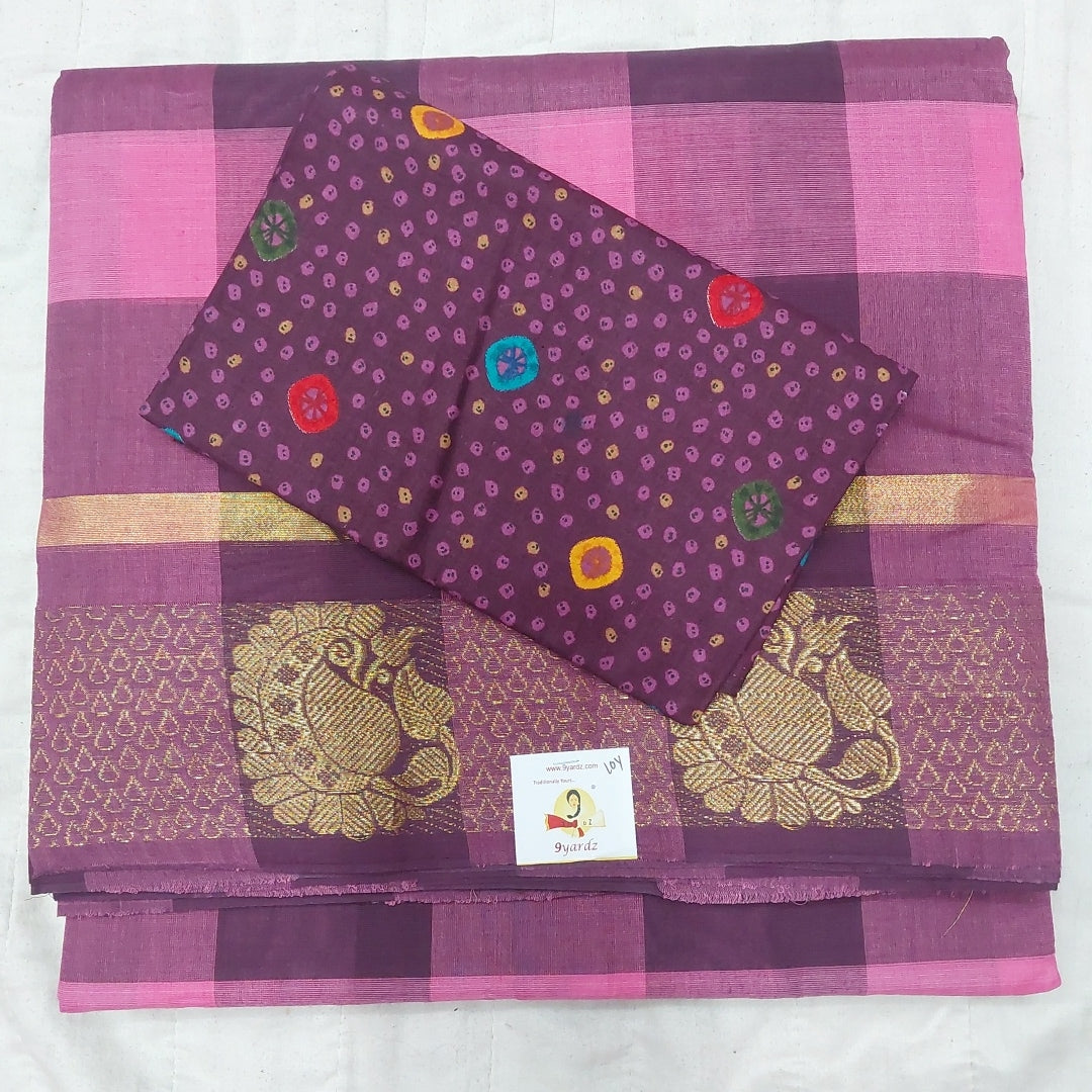 Arupukottai cotton checked 10yards madisar with matching blouse bit