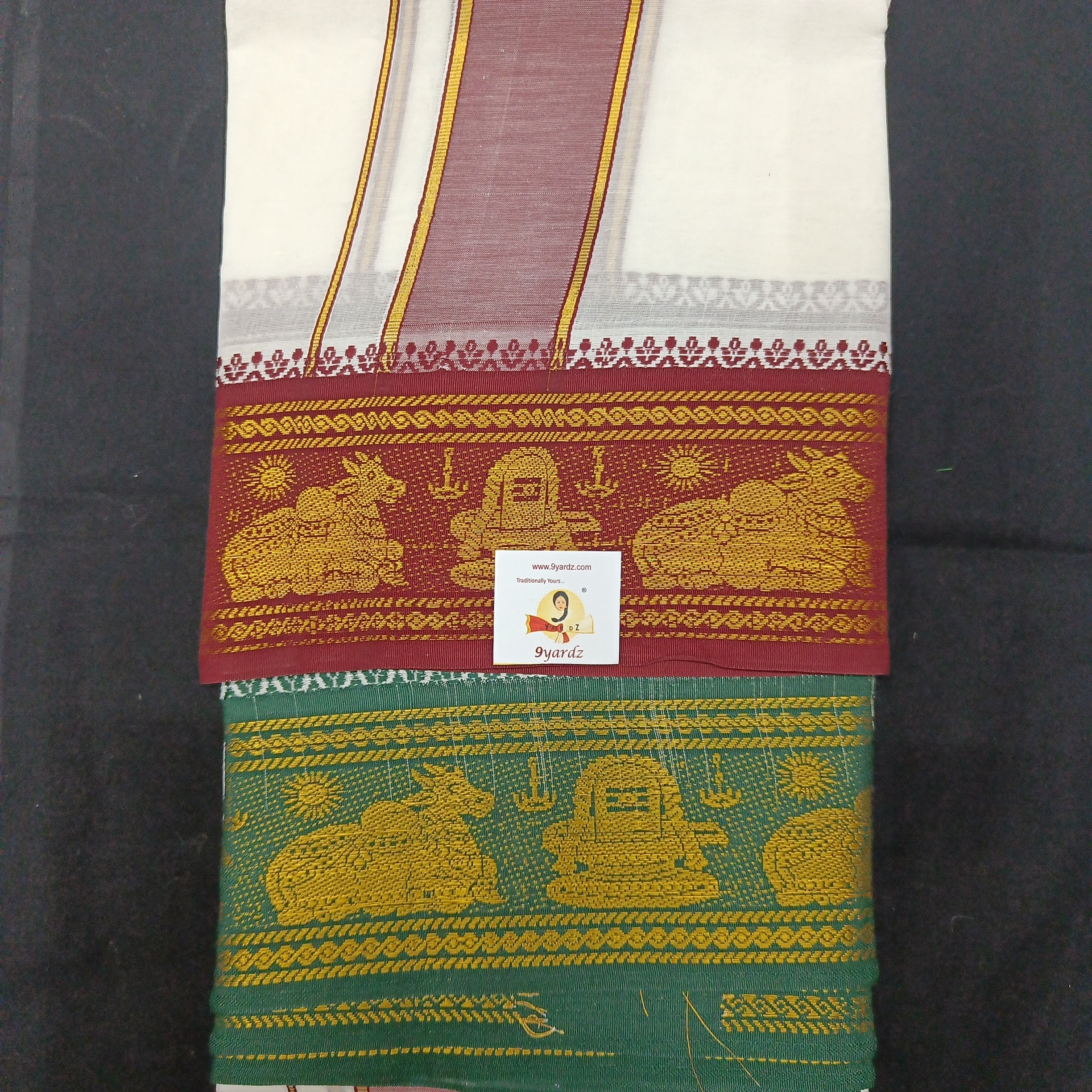 Bleached cotton Dhothi 9 muzam with 5" inch zari border