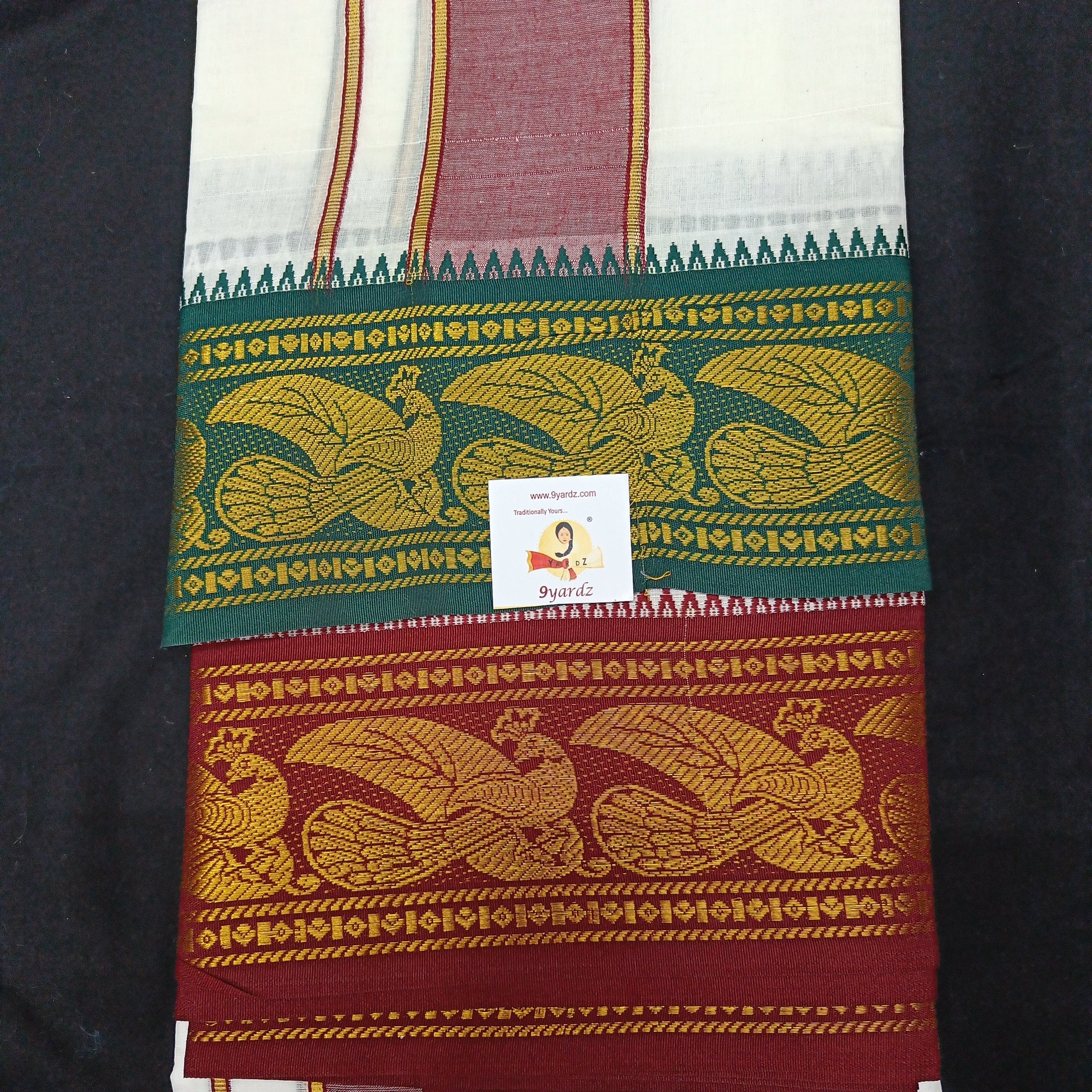 Bleached cotton Dhothi 9 muzam with 5" inch zari border