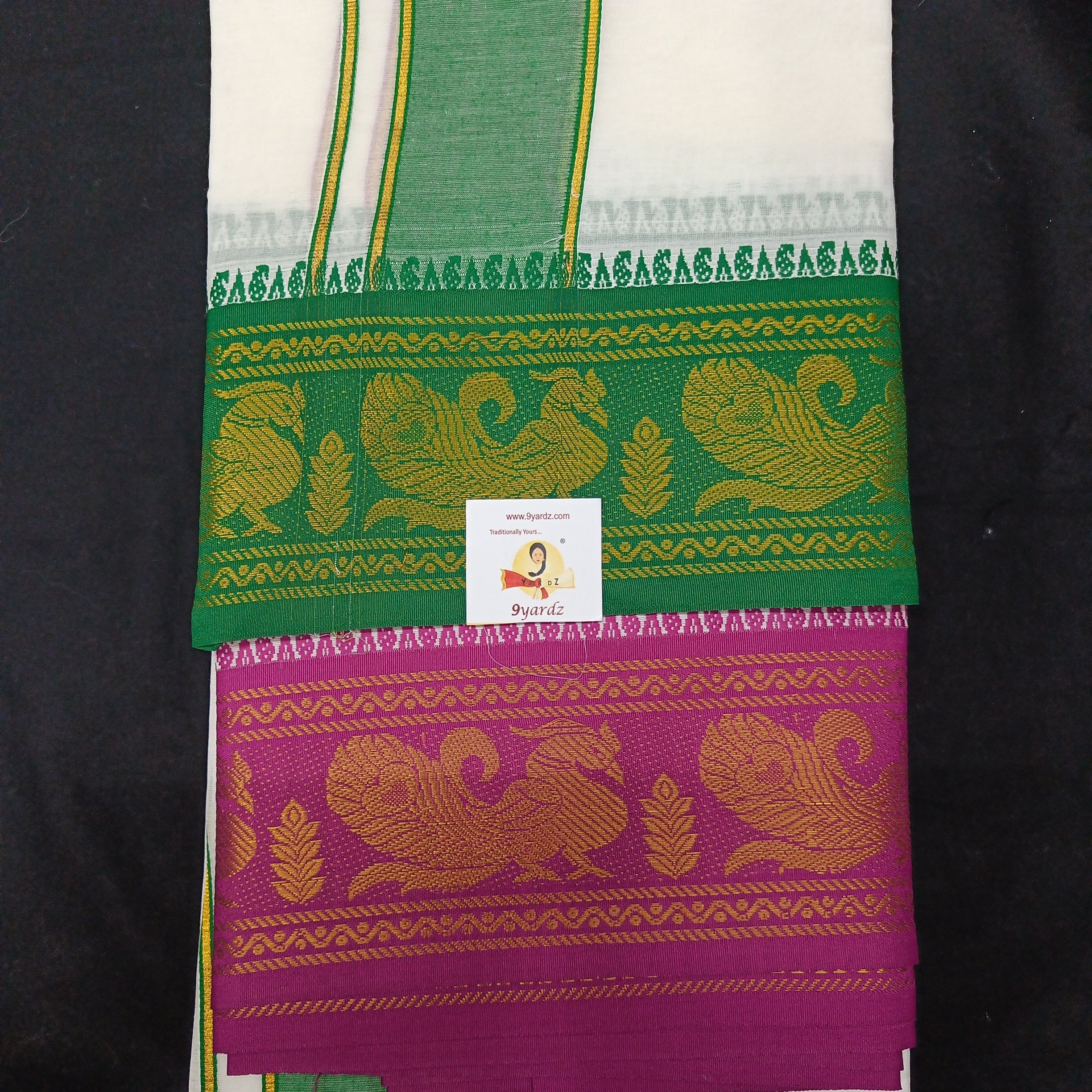 Bleached cotton Dhothi 9 muzam with 5" inch zari border