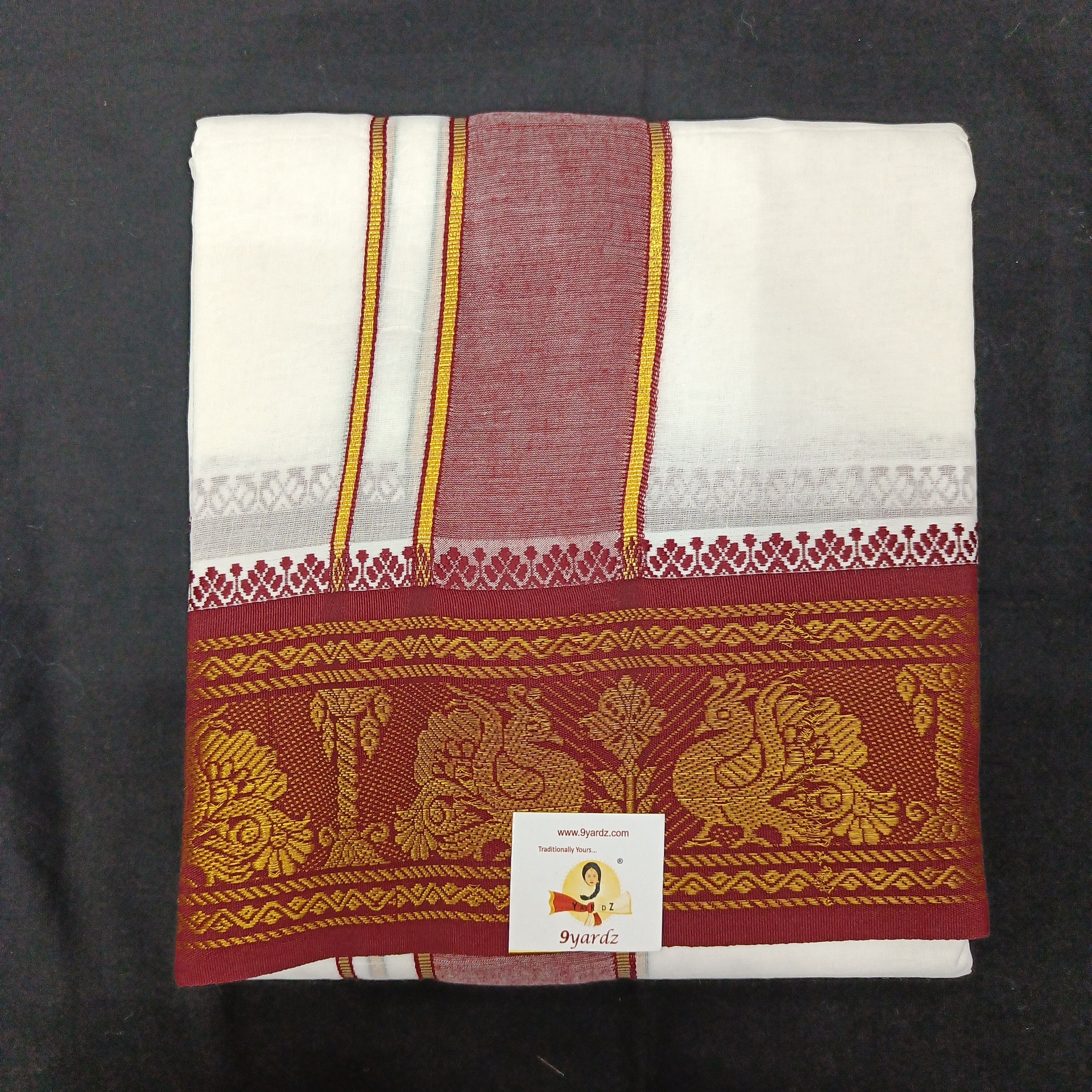 Bleached cotton Dhothi 9 muzam with 5" inch zari border