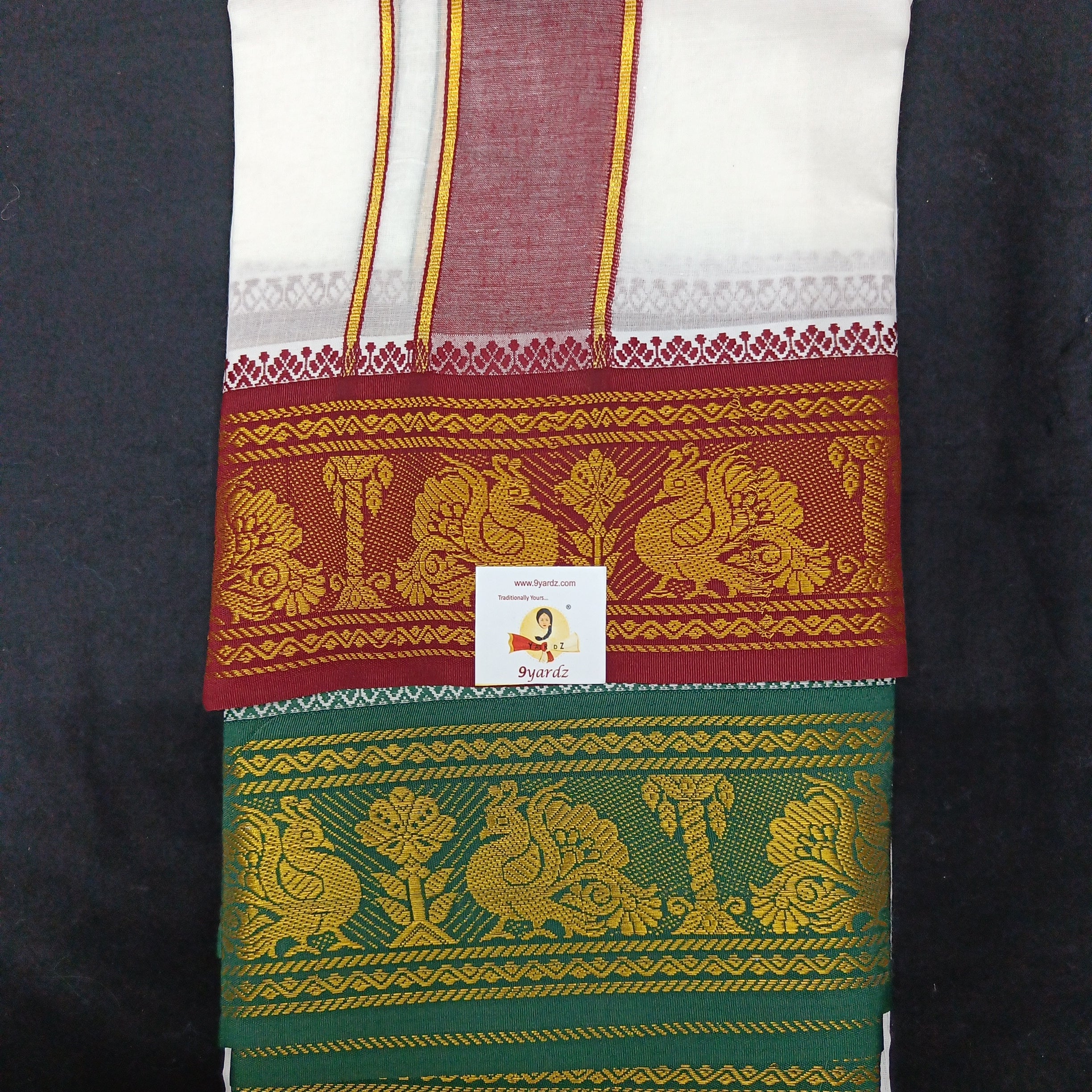 Bleached cotton Dhothi 9 muzam with 5" inch zari border