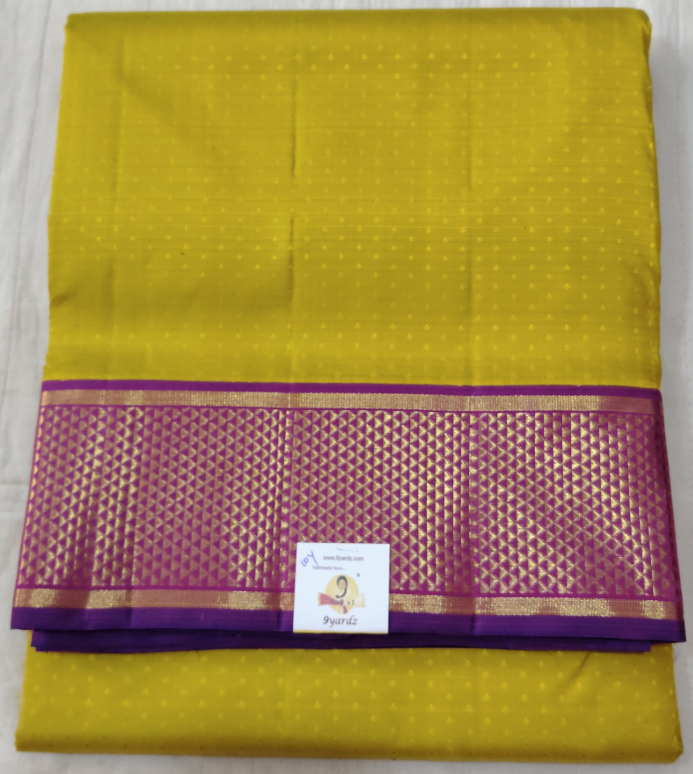 Yellow Pure Silk Madisar Saree with Purple Border – Traditional Kanchipuram Handloom| 10yards