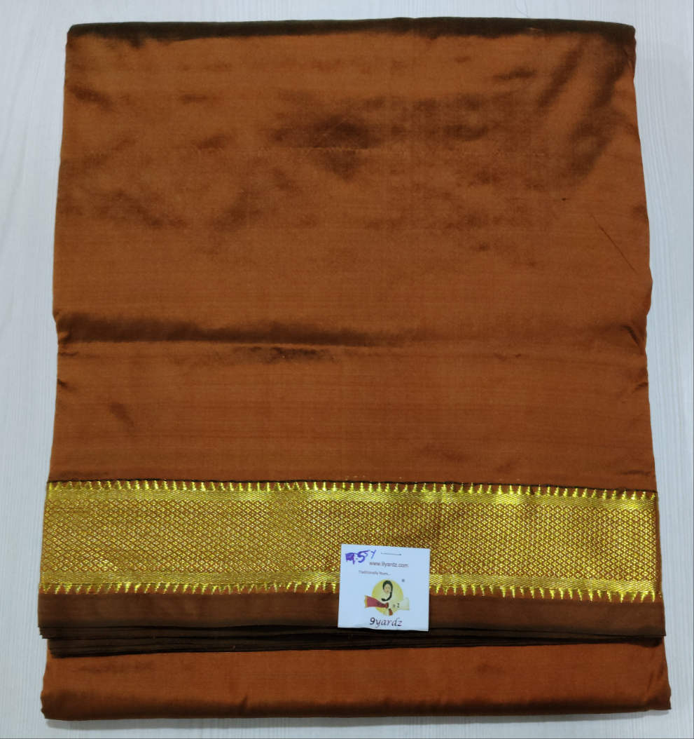 Pure Silk 9.5-Yard Madisar Saree – Honey Brown by Self Gold Zari Border