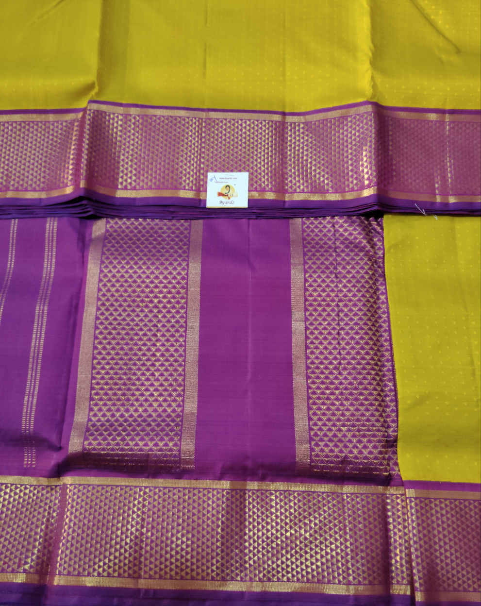 Yellow Pure Silk Madisar Saree with Purple Border – Traditional Kanchipuram Handloom| 10yards