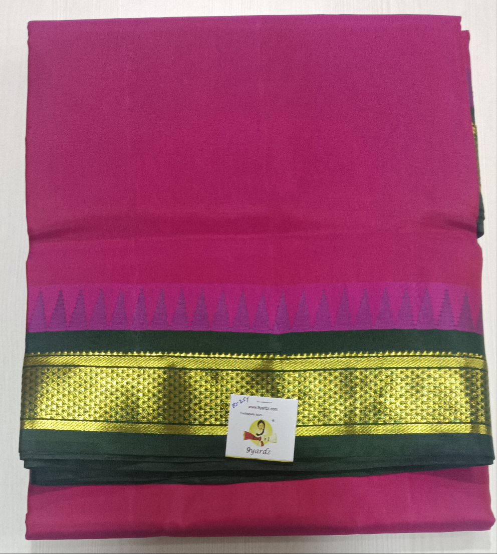 Rani Pink and Green PureSilk 10-Yard Saree with Golden Zari Maadampet Motif Border – 9yardz Traditional Collection