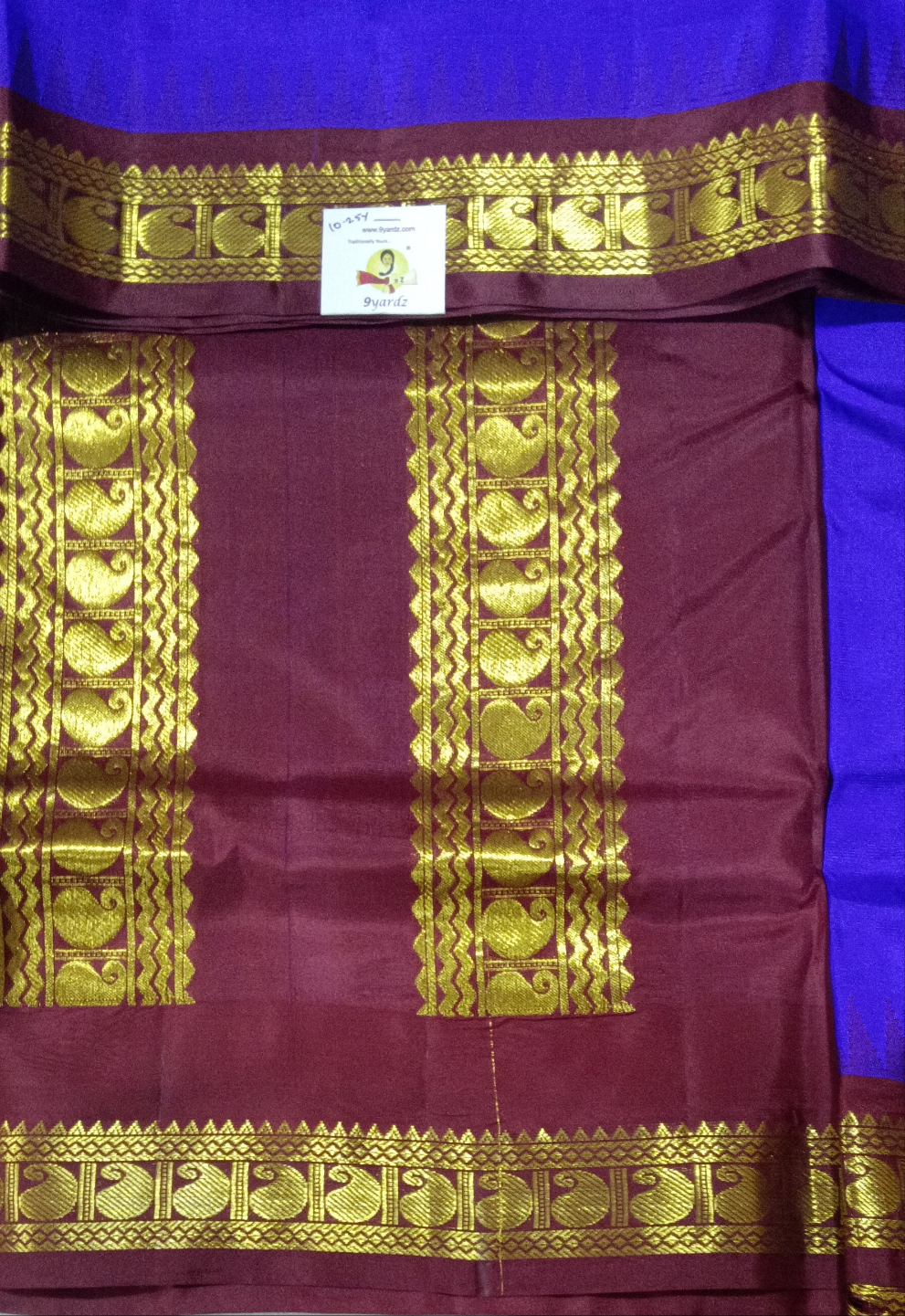 Royal Blue & Maroon Pure Silk 10-Yard Saree with Golden Zari Swan Motif Border – 9yardz Traditional Collection
