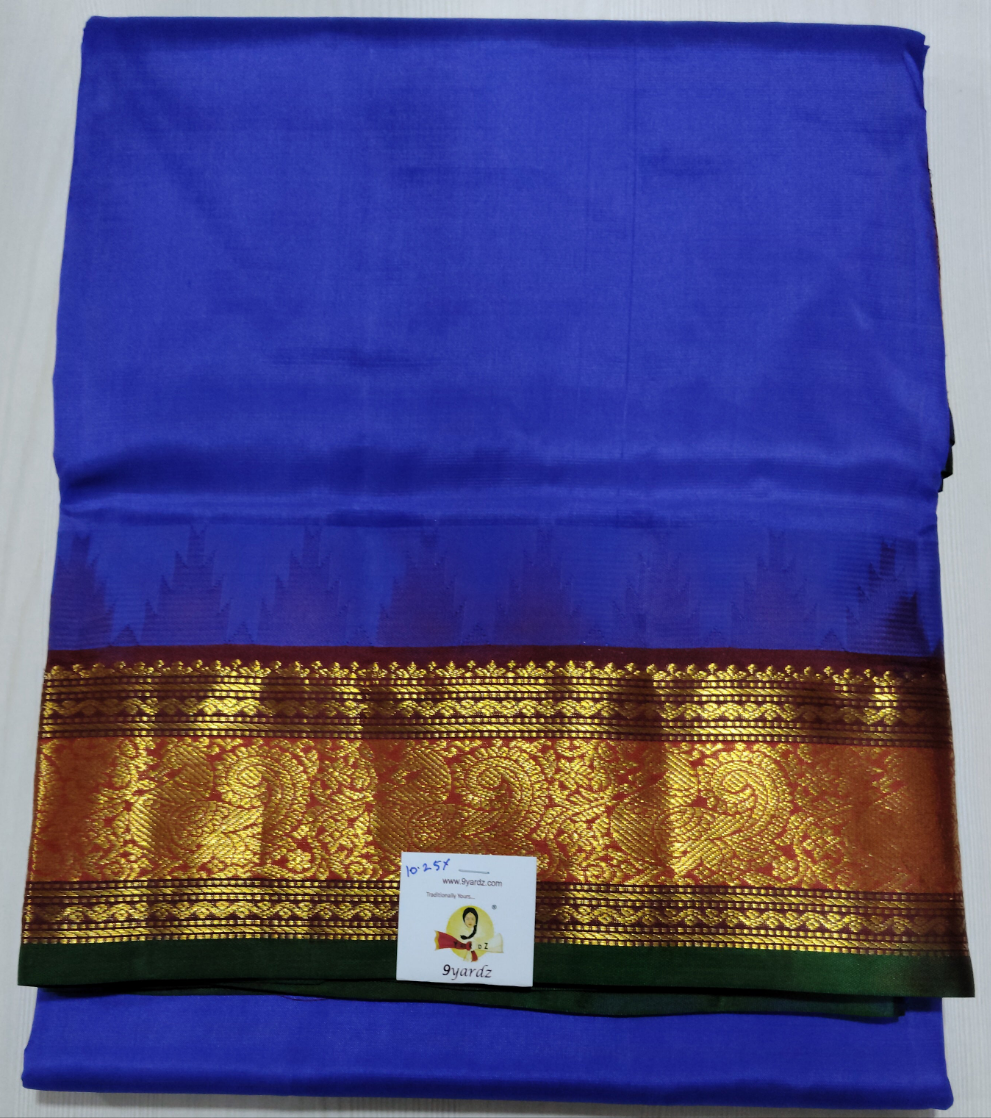 Traditional Pure Silk 10-Yard Madisar Saree – Royal Blue with Rich Zari Border | 9yardz