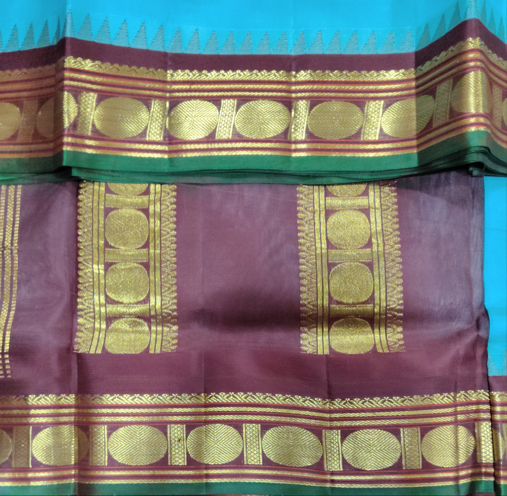 Aqua Blue and Maroon Pure Silk 10-Yard Saree with Golden Zari Ruraksham Motif Border – 9yardz Traditional Collection