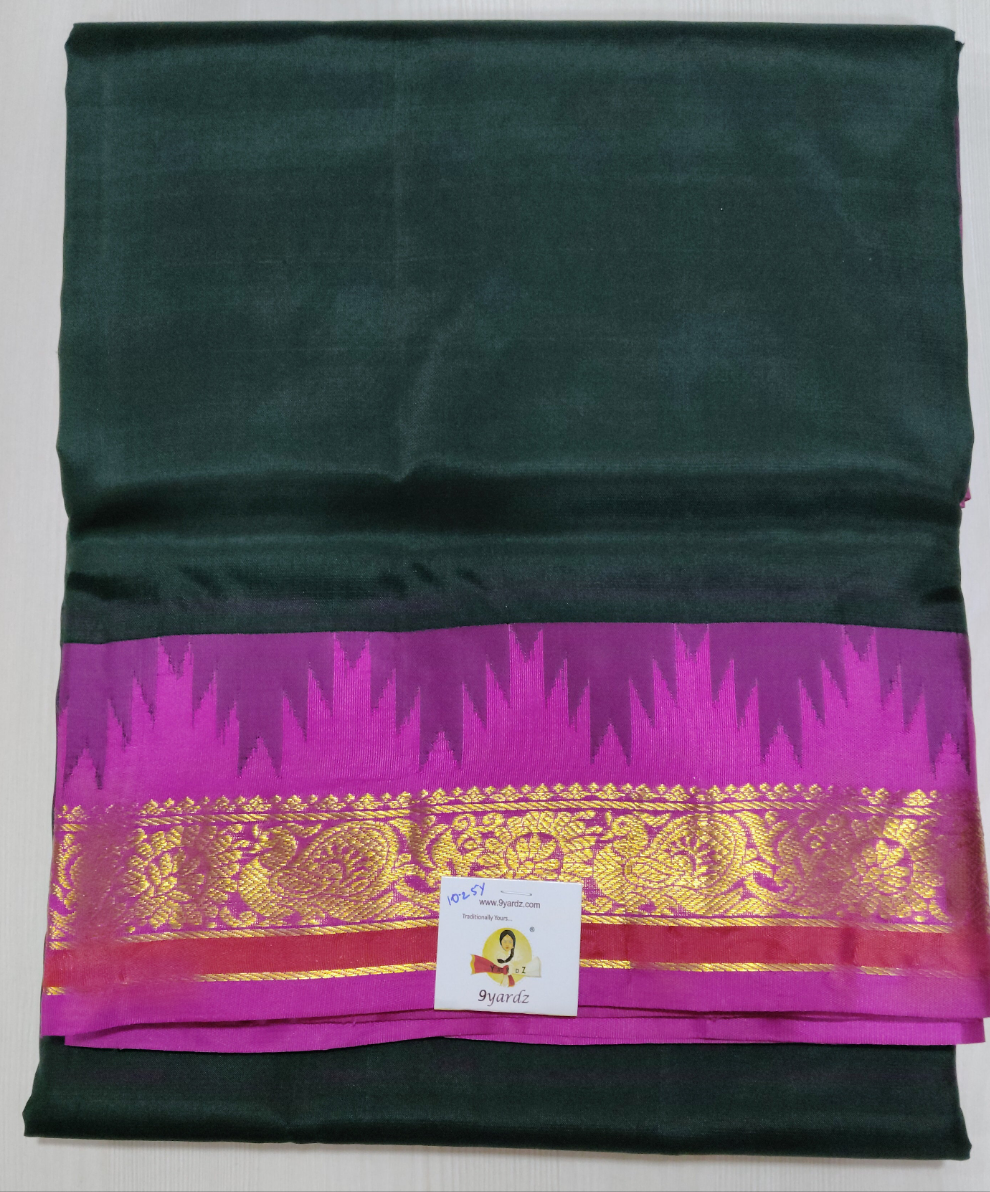 Pure Silk 10-Yard Madisar Saree – Bottle Green by Rani Pink border & Gold Zari Border