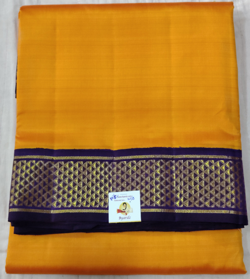 Mustard Yellow with Violet Zari Border Pure Silk 9-Yard Madisar Saree(10yards)