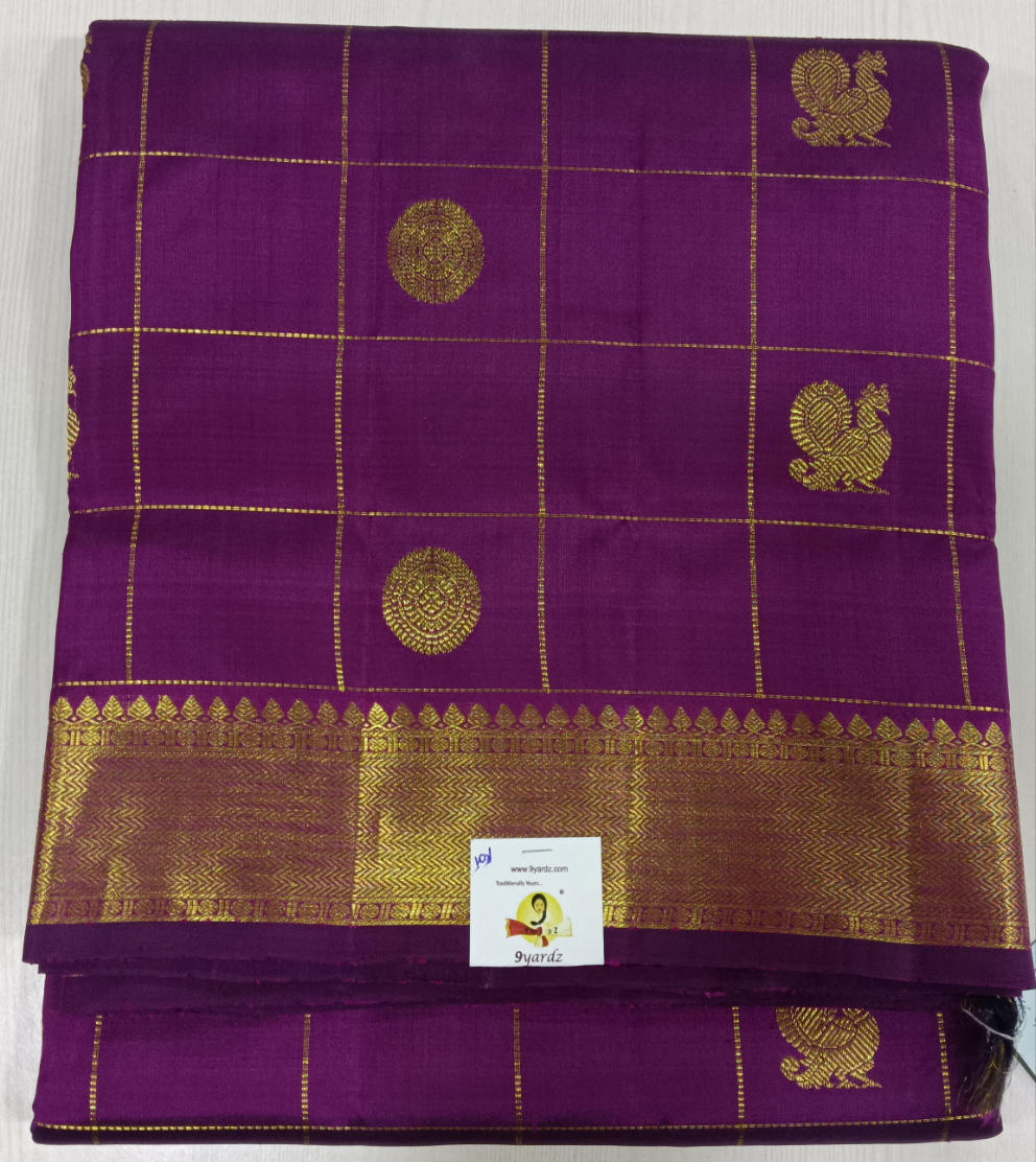 Royal Purple Kanchipuram Pure Silk Madisar – Peacock & Coin Butta Design 10yards