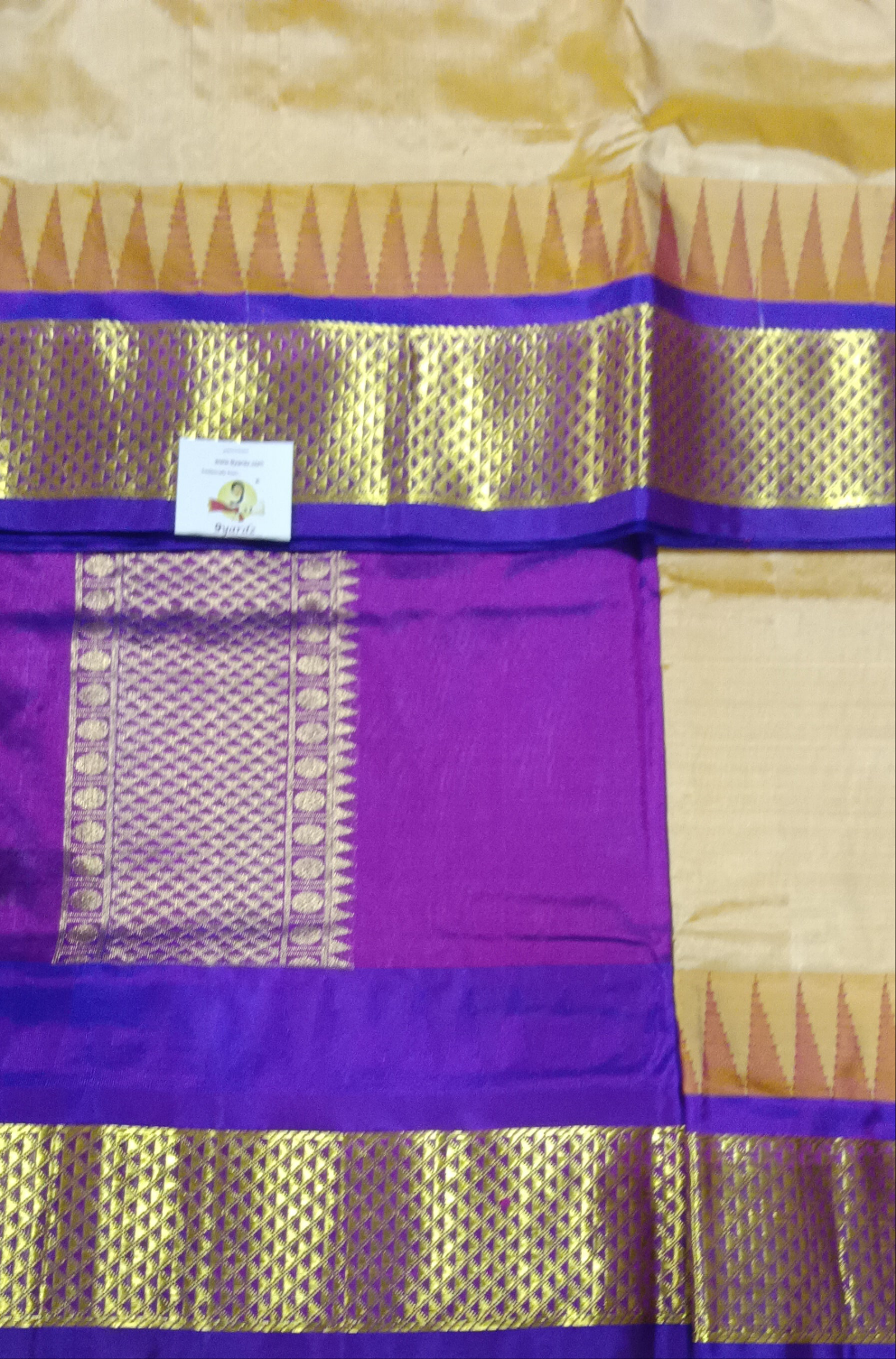 Sandal and Violet Pure Silk 10-Yard Saree with Golden Zari Maadampet Motif Border – 9yardz Traditional Collection