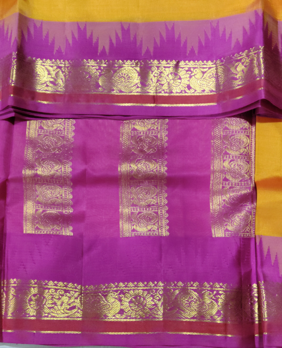 Pure Silk 10-Yard Madisar Saree – Yellow by Rani Pink border  & Gold Zari Border