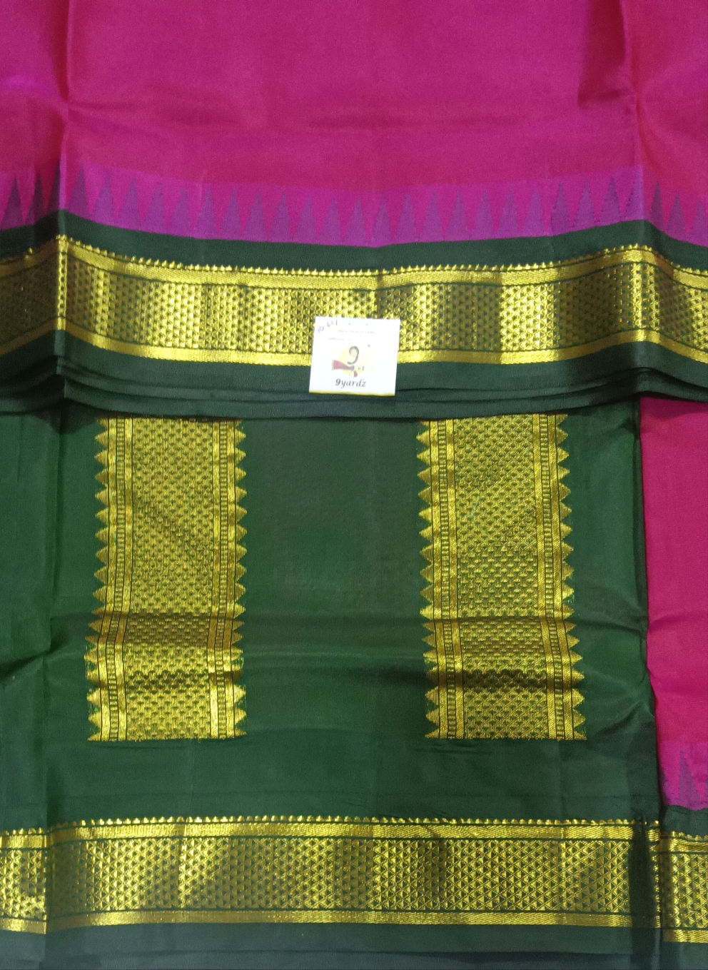 Rani Pink and Green PureSilk 10-Yard Saree with Golden Zari Maadampet Motif Border – 9yardz Traditional Collection