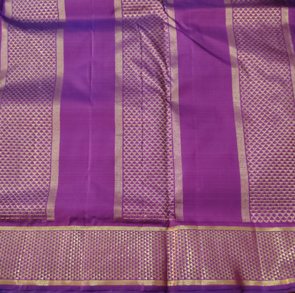 Yellow Pure Silk Madisar Saree with Purple Border – Traditional Kanchipuram Handloom| 10yards