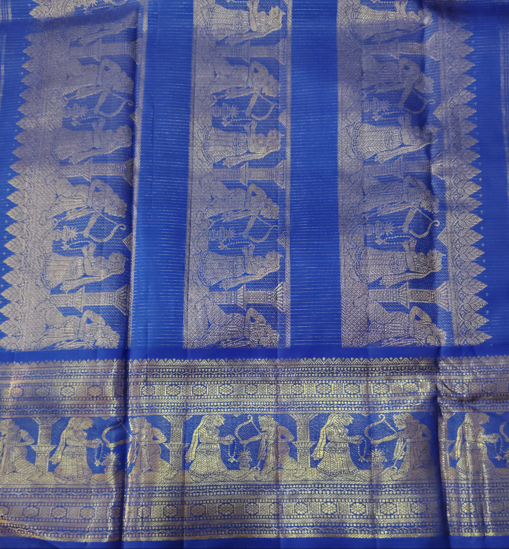 Aqua Blue with Royal Blue Zari Border Pure Silk 9-Yard Madisar Saree – Traditional Figurine Motifs (10yards)