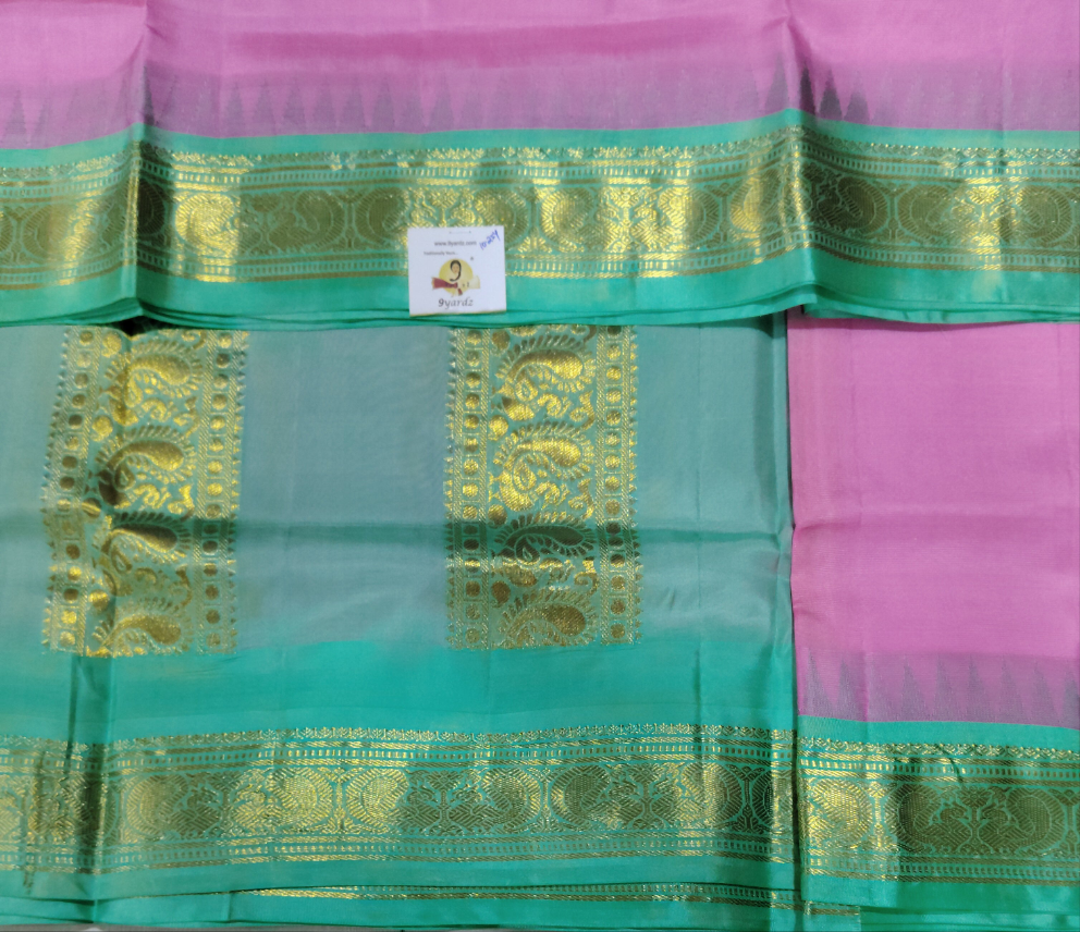 Lotus Pink & Teal Green Pure Silk 10-Yard Saree with Golden Zari Mango Motif Border – 9yardz Traditional Collection