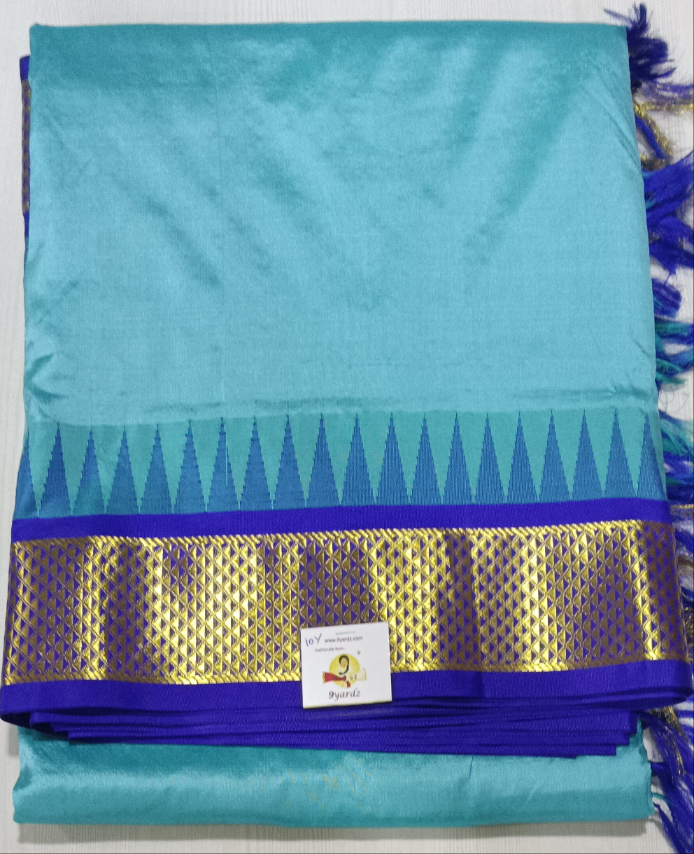 Light Blue and Blue Pure Silk 10-Yard Saree with Golden Zari Maadampet Motif Border – 9yardz Traditional Collection