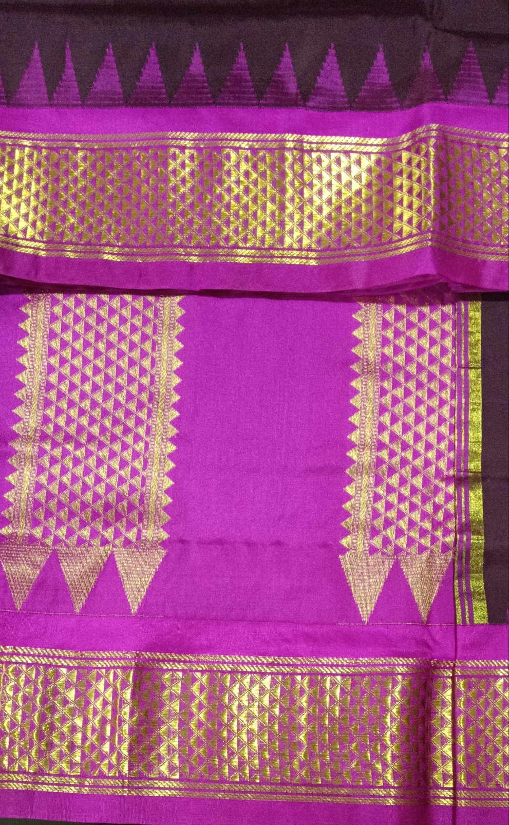 Dark Brown and Pink Pure Silk 10-Yard Saree with Golden Zari Maadampet Motif Border – 9yardz Traditional Collection