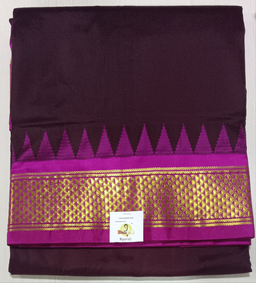 Dark Brown and Pink Pure Silk 10-Yard Saree with Golden Zari Maadampet Motif Border – 9yardz Traditional Collection
