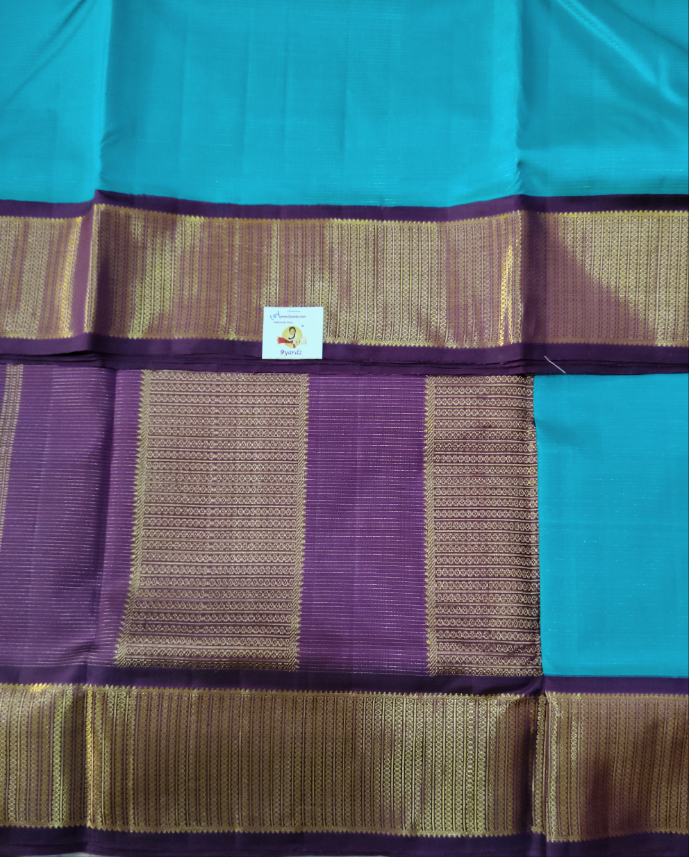 Pure Kanchipuram Silk Madisar Saree – Turquoise Blue with Dark Purple Zari Border | 9yardz |10yards