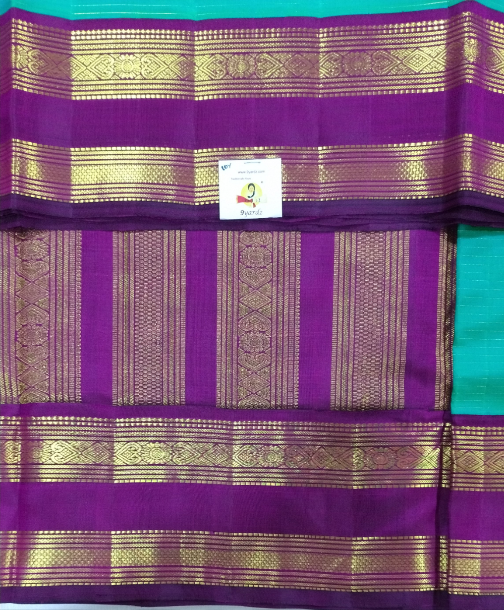 Aqua Green with Violet Zari Border Pure Silk 9-Yard Madisar Saree(10yards)