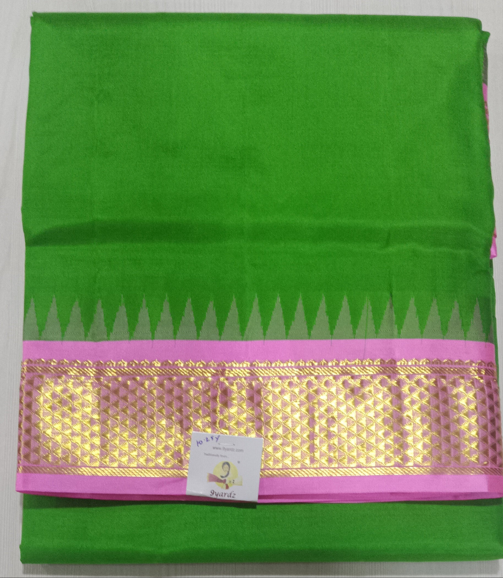 Parrot Green and Lotus Pink Pure Silk 10-Yard Saree with Golden Zari Maadampet Motif Border – 9yardz Traditional Collection