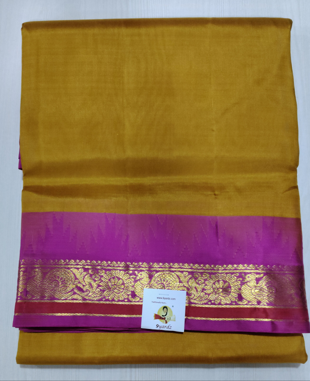 Pure Silk 10-Yard Madisar Saree – Fenugreek Yellow by Rani Pink border & Gold Zari Border