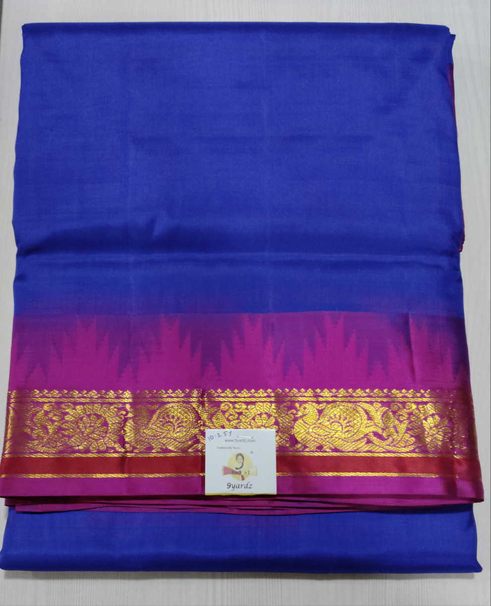 Pure Silk 10-Yard Madisar Saree – Blue by Rani Pink border & Gold Zari Border