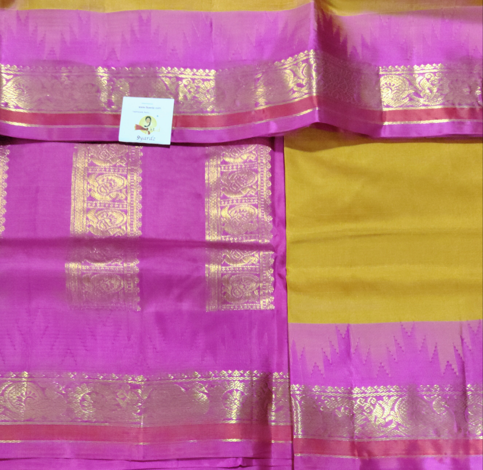 Pure Silk 10-Yard Madisar Saree – Fenugreek Yellow by Rani Pink border & Gold Zari Border