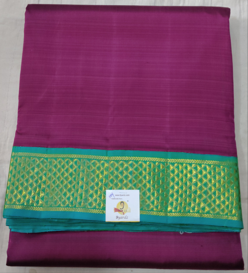 Pure Kanchipuram Silk 9-Yard Saree – Plum Purple with Emerald Green Zari Border |10yards