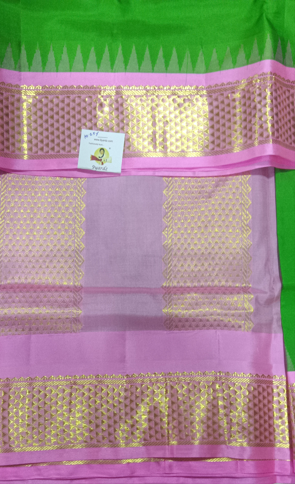 Parrot Green and Lotus Pink Pure Silk 10-Yard Saree with Golden Zari Maadampet Motif Border – 9yardz Traditional Collection