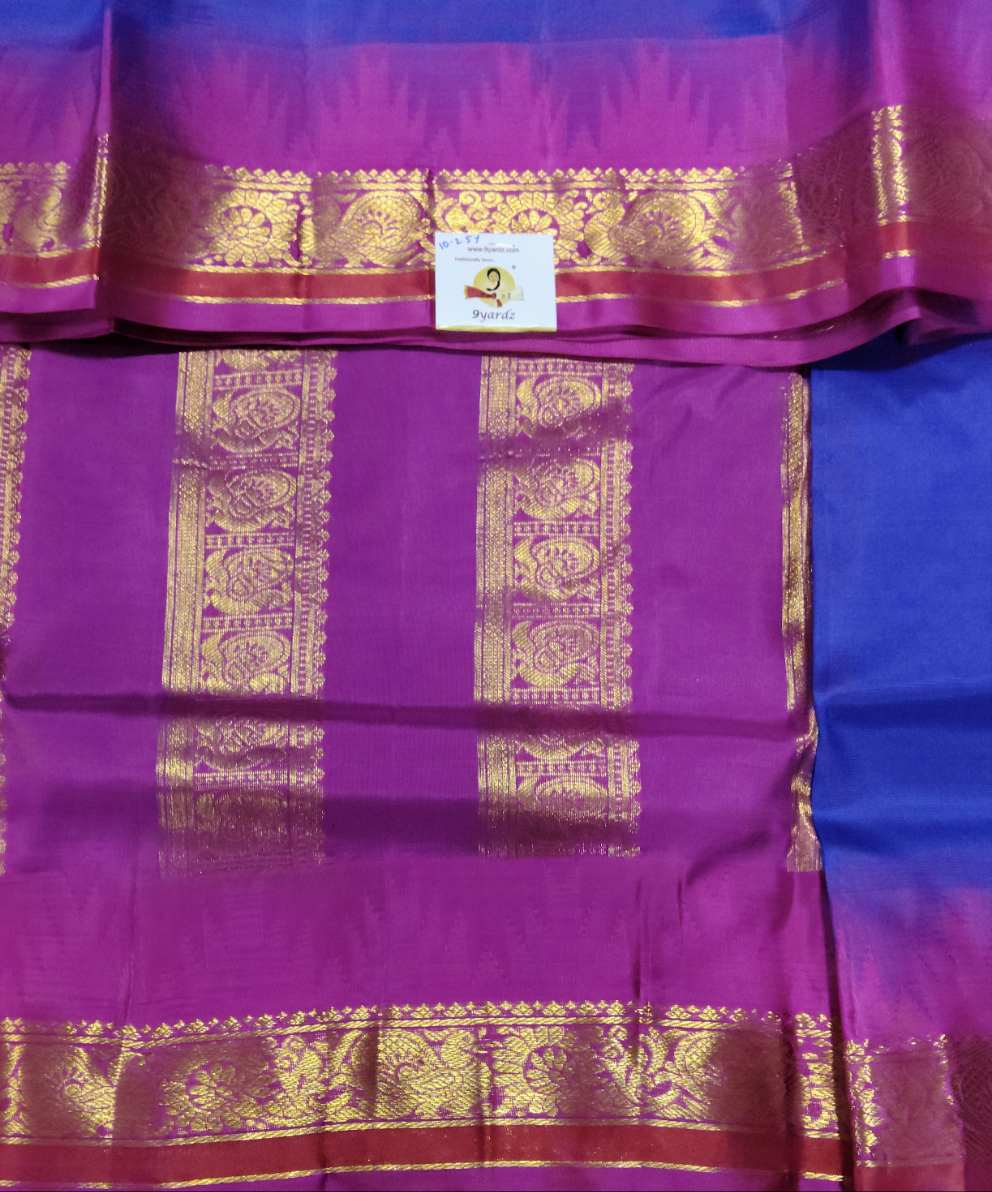 Pure Silk 10-Yard Madisar Saree – Blue by Rani Pink border & Gold Zari Border