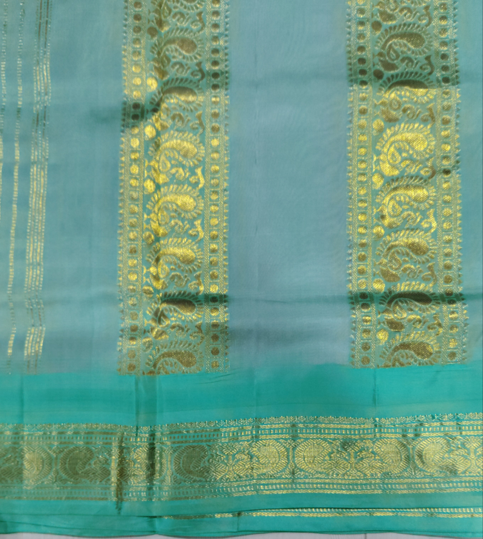 Lotus Pink & Teal Green Pure Silk 10-Yard Saree with Golden Zari Mango Motif Border – 9yardz Traditional Collection