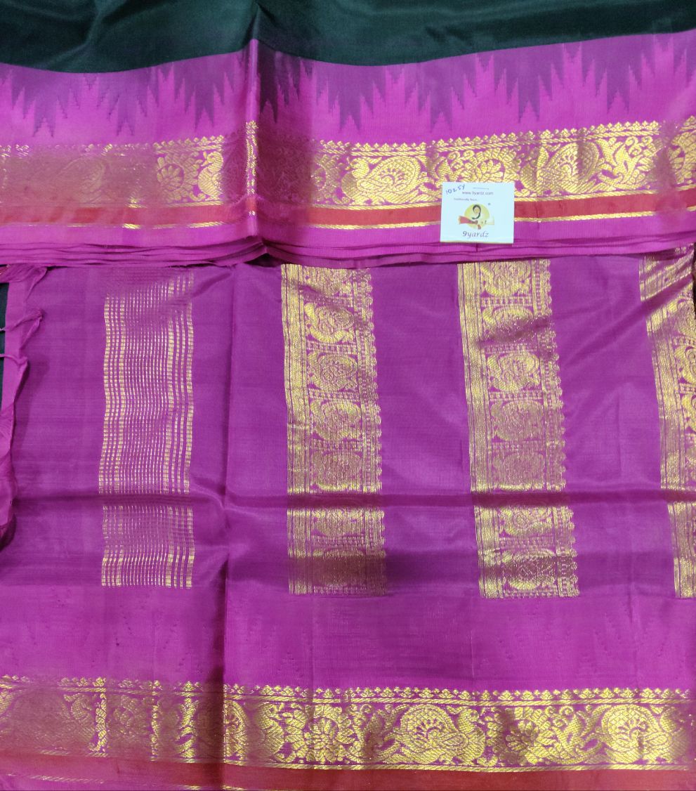 Pure Silk 10-Yard Madisar Saree – Bottle Green by Rani Pink border & Gold Zari Border