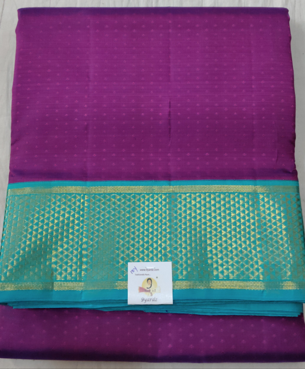 Pure Kanchipuram Silk Madisar – Purple with Sea Green Border| 10yards
