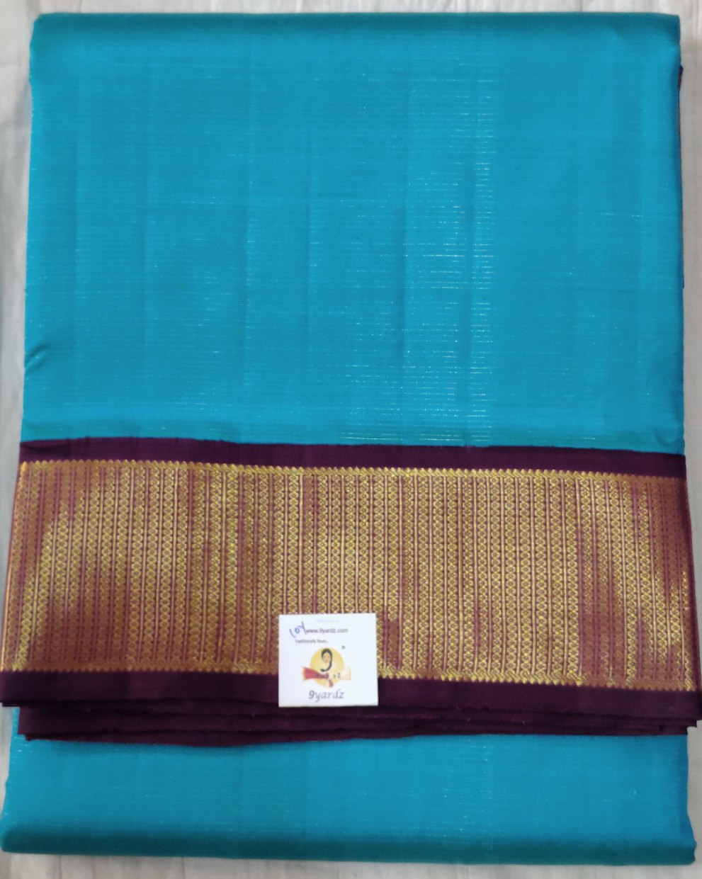 Pure Kanchipuram Silk Madisar Saree – Turquoise Blue with Dark Purple Zari Border | 9yardz |10yards