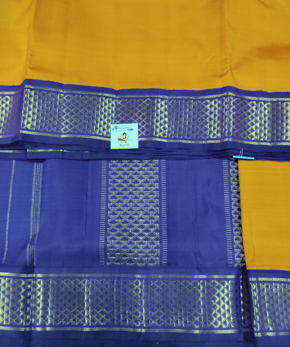 Mustard Yellow with Violet Zari Border Pure Silk 9-Yard Madisar Saree(10yards)