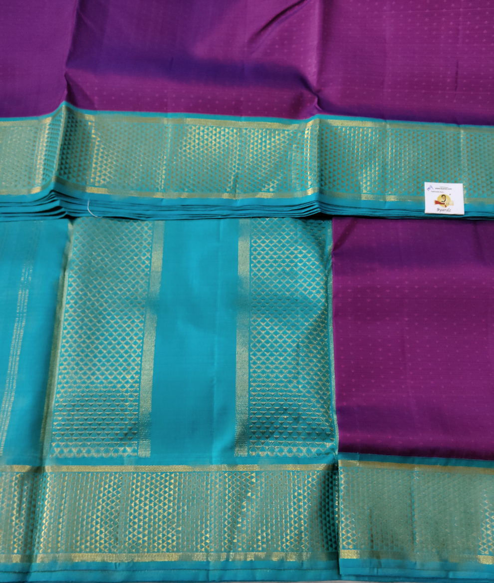Pure Kanchipuram Silk Madisar – Purple with Sea Green Border| 10yards