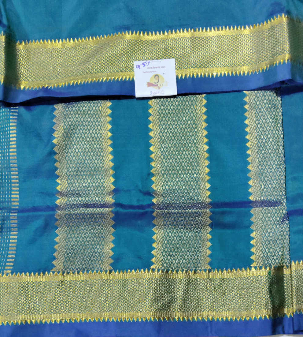 Pure Silk 9.5-Yard Madisar Saree – Peacock Green by Self Gold Zari Border