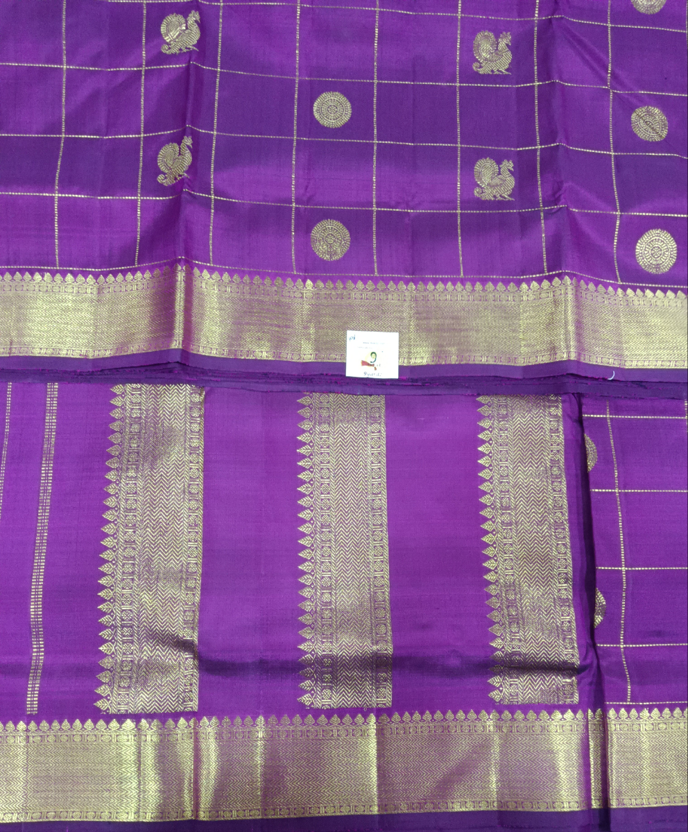 Royal Purple Kanchipuram Pure Silk Madisar – Peacock & Coin Butta Design 10yards