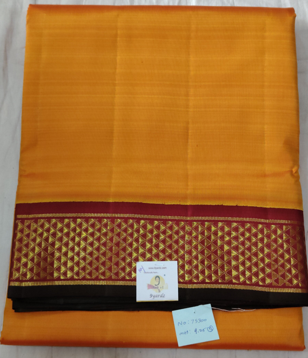 Kanchipuram Pure Silk 9 Yards Madisar – Mango yellow with Maroon Border 10yards