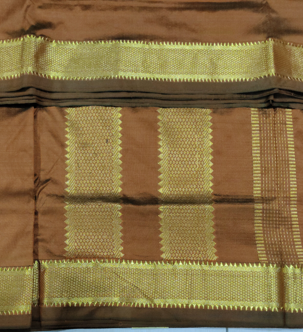 Pure Silk 9.5-Yard Madisar Saree – Honey Brown by Self Gold Zari Border